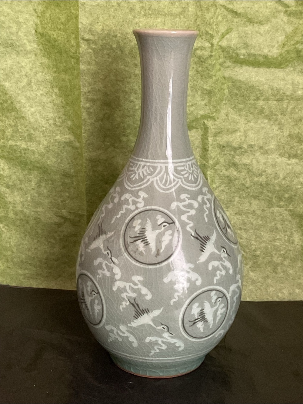 Vintage Celadon Green Crane Vase -9”